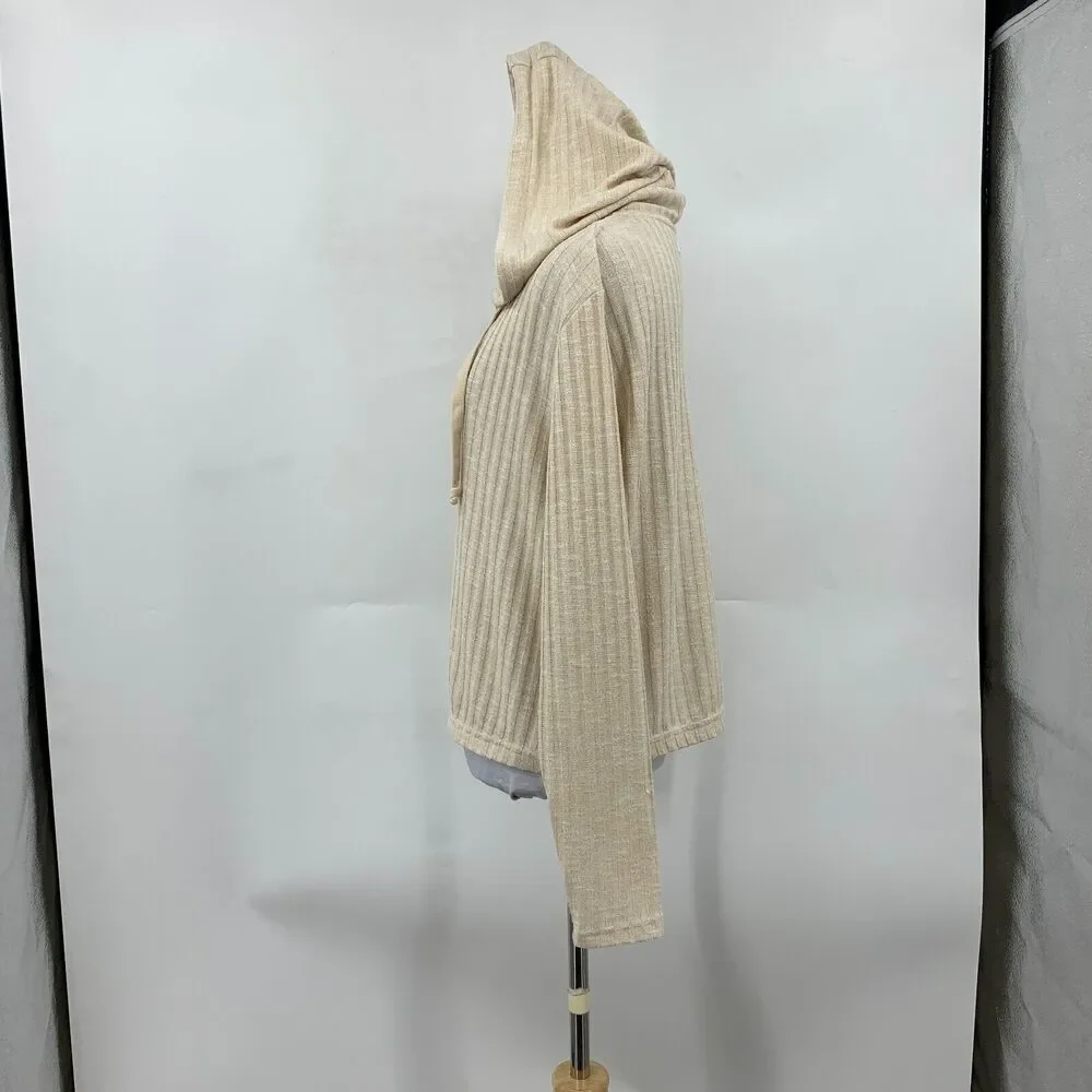 RVCA Cropped Hoodie Women L Large Beige V Neck Knit Pullover Long Sleeve Sweater